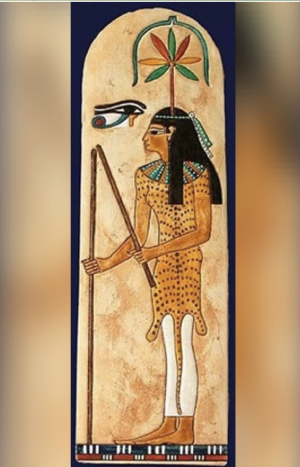 Изображение Египетской Богини с цветным листом каннабиса над головой.png